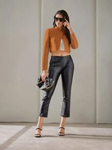 SHEIN Privé Solid Button Front Crop Jacket - Brown - View 3