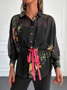 RueChic Floral Print Tie Front Batwing Sleeve Shirt - Black - View 4
