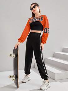 SHEIN 青少年女孩字母圖案短款套頭衫和運動褲和背心上衣