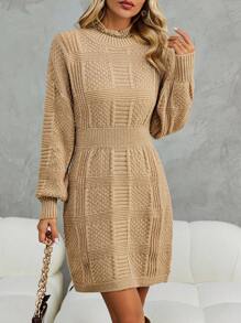 SHEIN Clasi Mock Neck Drop Shoulder Sweater Dress Fall Cloth For Women - Khaki - View 5