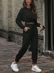 SHEIN LUNE Sudadera corta con hombros caídos unicolor - Negro - Ver 6