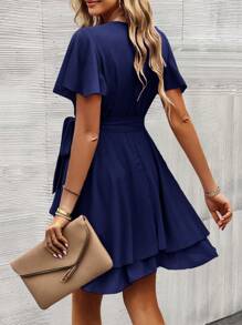 SHEIN Clasi Butterfly Sleeve Layer Hem Belted Dress - Navy Blue - View 2