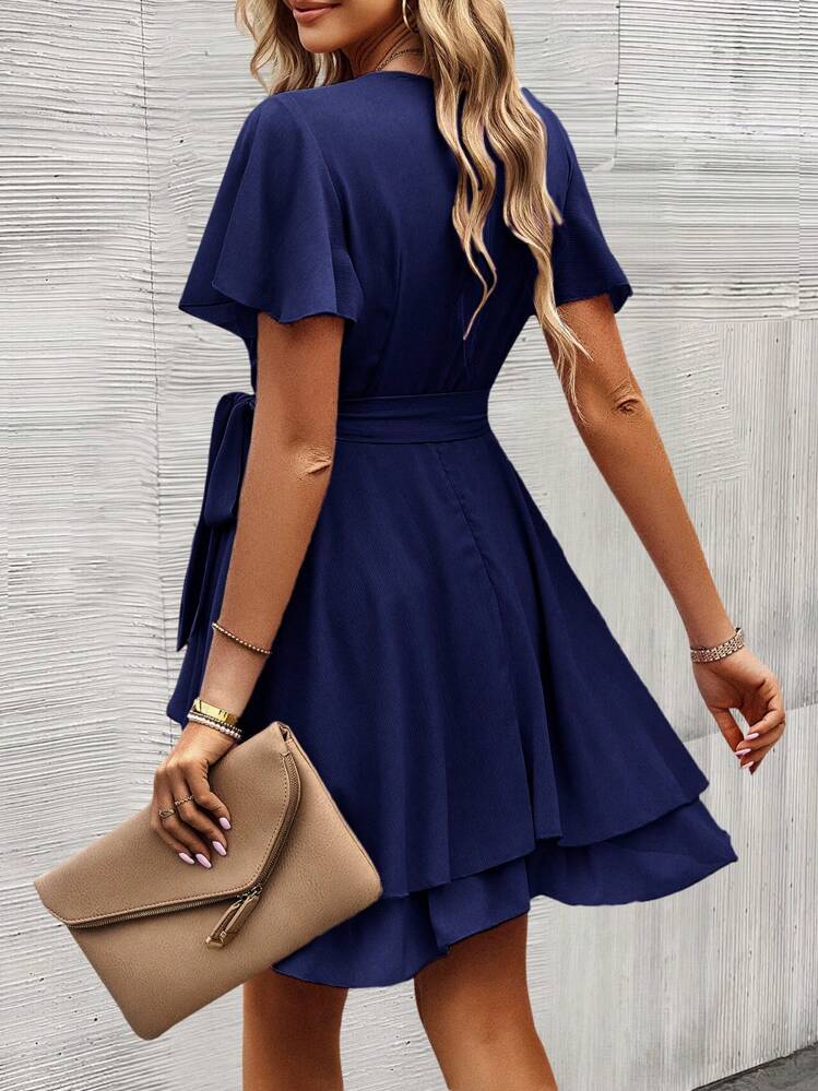 SHEIN Clasi Butterfly Sleeve Layer Hem Belted Dress - Navy Blue - View 2