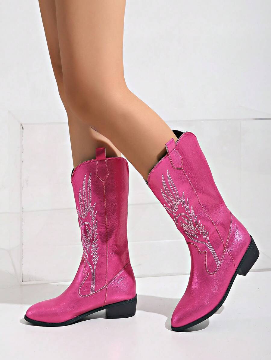 女式圖案刺繡尖頭粗跟暖色調靴子，迷人的戶外暖色調西部靴子，女性牛仔靴 - 玫紅色 - 查看 1