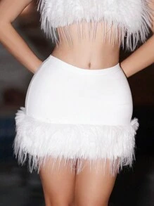 Sweetina Fuzzy Trim Bodycon Mini Skirt - White - View 3