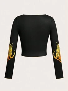 SHEIN ICON Letter & Dragon Print Crop Tee - Yellow - View 2