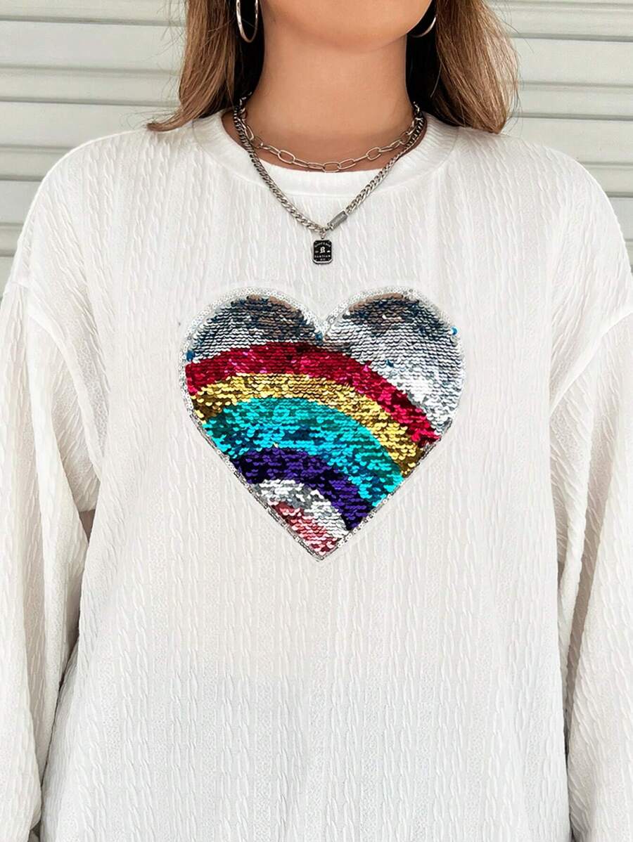 Flirla Áo nỉ tay rớt in hình trái tim, kiểu dáng mùa thu. - trắng - Xem 1