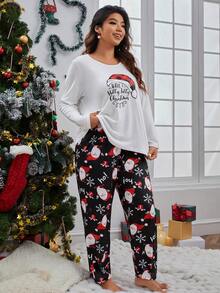Talla grande Conjunto de pijama pantalones con camiseta con estampado de Navidad - Multicolor - Ver 2