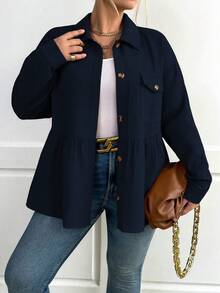 Calvaya Plus Flap Pocket Drop Shoulder Peplum Coat - Navy Blue - View 4