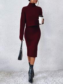 Chiquease Turtleneck Drop Shoulder Sweater & Knit Dress Fall Winter Cloth For Women - Burgundy - View 4