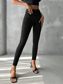 SHEIN PETITE Zipper Fly Skinny Jeans Without Belt - Black - View 5