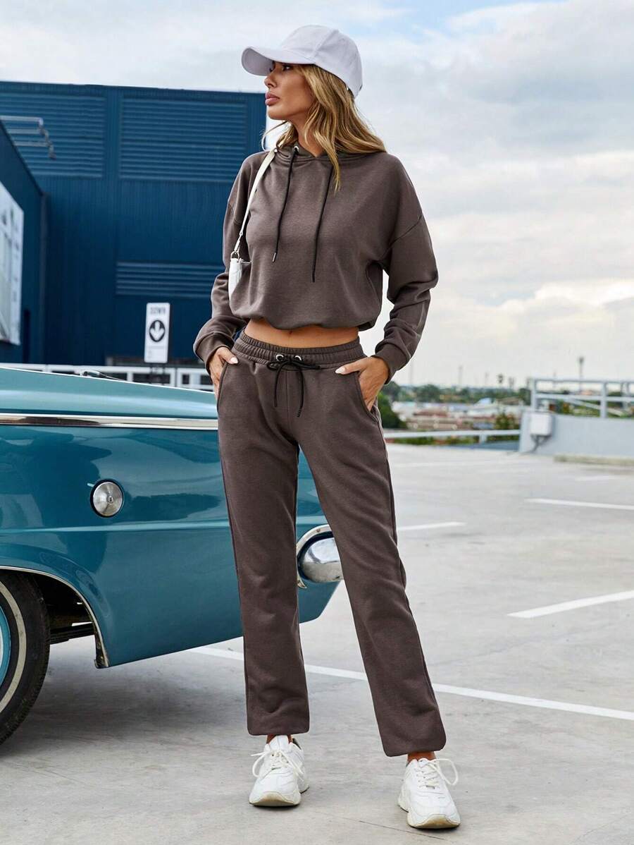 EURMUSE Drop Shoulder Drawstring Hoodie & Sweatpants - Brown - View 1