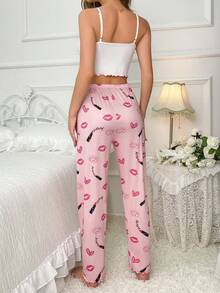 嘴唇印花木耳邊前蝴蝶結睡衣套裝 - 白色 - 查看 2