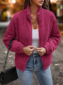 SHEIN LUNE Slant Pocket Corduroy Padded Padded Coat Clothes Winter - Hot Pink - View 4