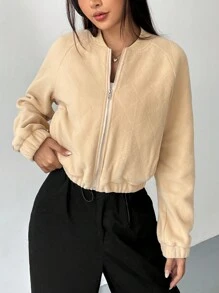 SHEIN EZwear Cazadora tipo bomber con cremallera de manga raglán crop forro polar - Beis - Ver 5