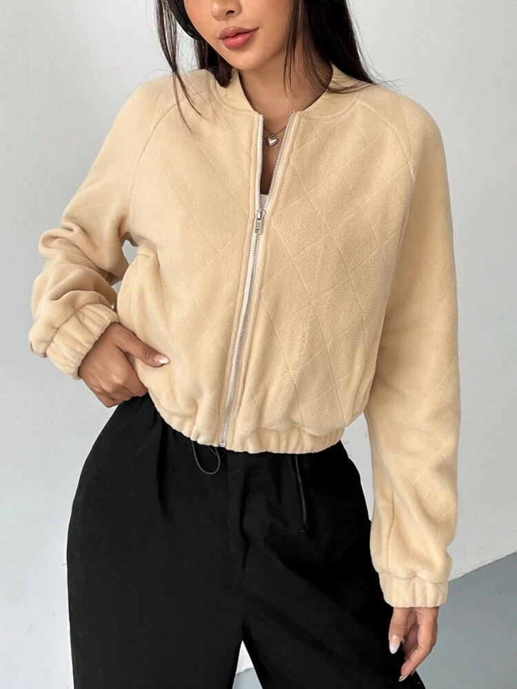 Zip Up Raglan Sleeve Crop Fleece Bomber Jacket