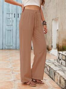 Beautiful Nomad Solid Drawstring Waist Wide Leg Pants - Mocha Brown - View 6