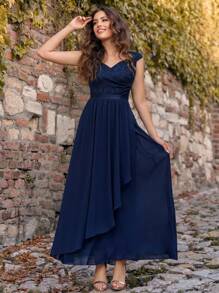 Ruffled Lace Bodycon Hem Evening Dress - Navy Blue - View 2
