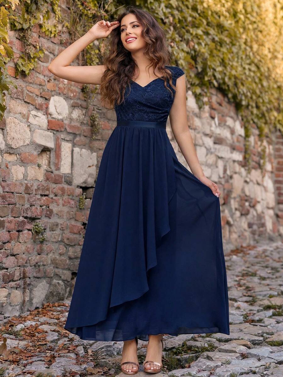 Ruffled Lace Bodycon Hem Evening Dress