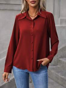 EMERY ROSE Solid Button Front Shirt For New Year Clothes Fall Cloth For Women - Red - View 6