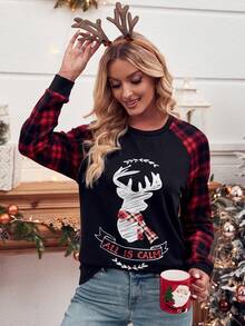 EMERY ROSE 聖誕麋鹿&格紋印花插肩袖運動衫