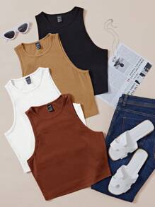 Chiquease 4入組螺紋針織素色背心上衣 - 彩色 - 查看 3