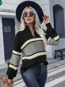 SHEIN Clasi 拼色落肩半拉鍊毛衣 - 灰色 - 查看 1