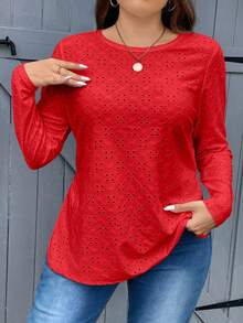 SHEIN Essnce Camiseta con bordado de ojales y dobladillo dividido - Rojo - Ver 4