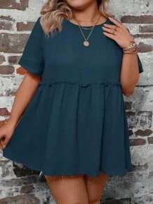 SHEIN LUNE Plus Solid Frill Trim Peplum Blouse - Navy Blue - View 3