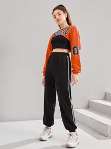 SHEIN 青少年女孩字母圖案短款套頭衫和運動褲和背心上衣