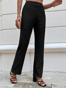 EURMUSE Striped Print Straight Leg Pants - Black and White - View 5