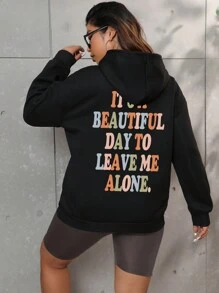 Calvaya 大码休闲标语印花抓绒卫衣，秋冬季 - 黑色 - 查看 4