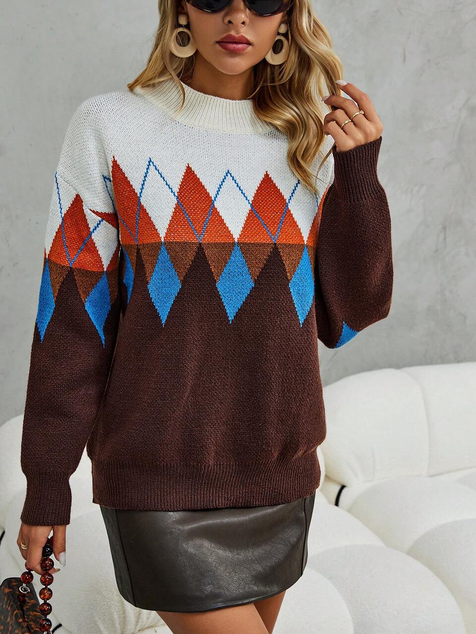 Argyle Pattern Drop Shoulder Knit Pullover Fall Winter Sweater