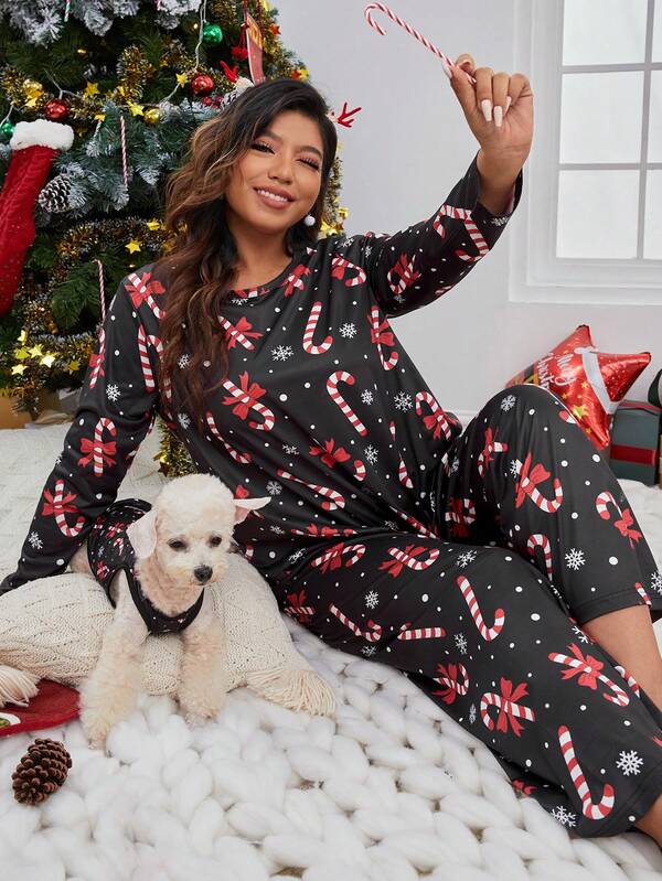 Plus Christmas Print PJ Set, Fall Winter Clothes