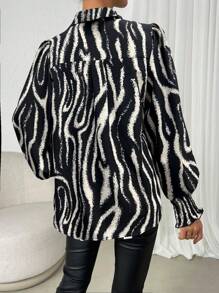 Rafferiza Geo Print Lantern Sleeve Shirt,Long Sleeve Tops - Black and White - View 2