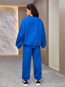 青少年女孩字母圖案落肩袖衛衣和衛褲 - 藍色 - 查看 2