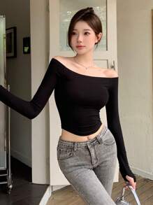 DAZY Women's Casual Solid Color Off-Shoulder Bodycon T-Shirt, Spring & Autumn,Off Shoulder Top Long Sleeve Women Tops,Fall Women Clothes - Black - View 4