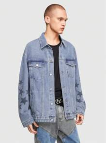 ROMWE MEN Street Life Men Denim Jacket With Turn Down Collar, Pockets And Star Pattern - Medium Wash - View 6