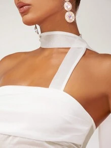 SHEIN BAE Áo crop top lưới cổ bất đối xứng - trắng - Xem 5