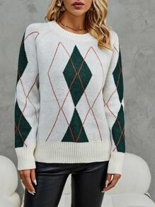 SHEIN LUNE Argyle Pattern Raglan Sleeve Sweater Knit Pullover Fall Winter Outfit - White - View 5