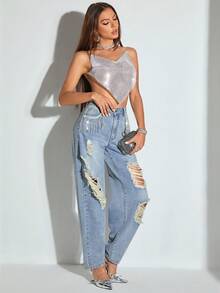 SHEIN BAE Jeans de pierna recta con diseño de diamante de imitación desgarro
