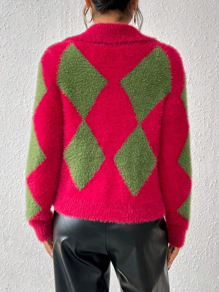 Argyle Pattern Button Front Fluffy Knit Sweater