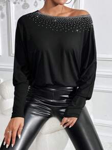 Allurite Rhinestone Chi tiết tay cánh Áo thun - màu đen - Xem 4