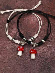 ROMWE Fairycore 2pcs Cute Zinc Alloy Mushroom Charm Bracelet For Women For Daily Decoration - Red - View 1