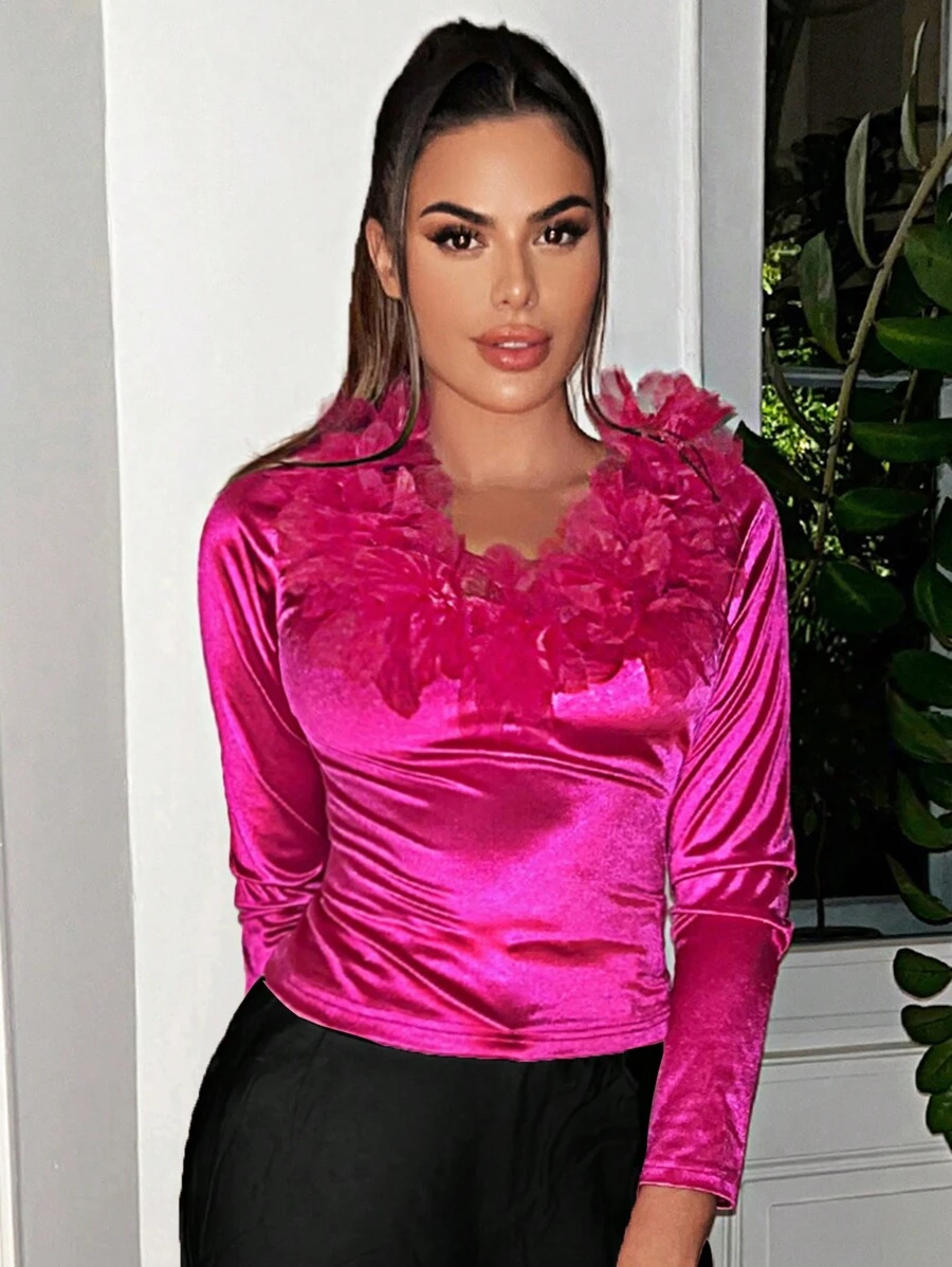 SHEIN SXY Camiseta con detalle de apliques - Rosa Fucsia - Ver 1