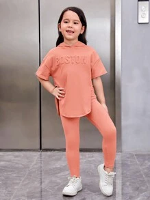 SHEIN 年輕女孩字母壓花落肩連帽 T 恤和打底褲 - 彩色 - 查看 3