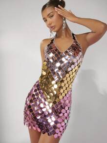 SHEIN BAE 亮片裝飾繞頸露背緊身洋裝 - 彩色 - 查看 3