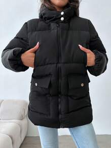 SHEIN Cottnline Flap Pocket Zip Up Puffer Coat - Black - View 5