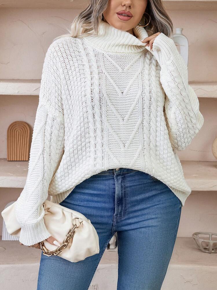Plus Turtleneck Cable Knit Drop Shoulder Sweater Knit Pullover Fall Winter Sweater