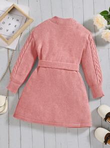 SHEIN 年輕女孩絞花針織束帶毛衣洋裝 - 粉色 - 查看 2